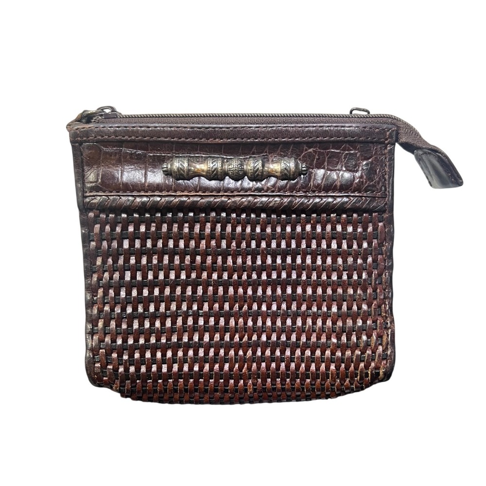Brighton Brown Woven Leather Small Crossbody Pouch Croc Embossed Heart Zipper